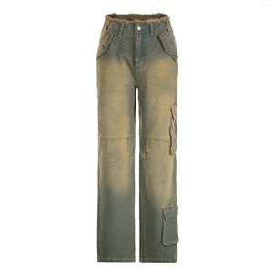 Kvinnors jeans vintage nödställda låg midja lös pocket street po trend rakt ben