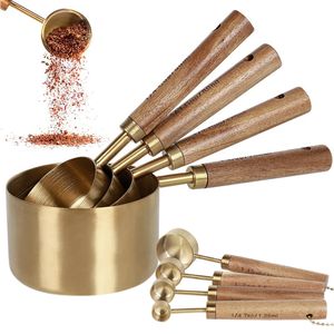 Measuring Tools 8Pcs Measure Cup and Spoon Set Measuring Cup Spoon Set with Wooden Handle Stainless Steel Stackable Kitchen Baking Accessories 230923