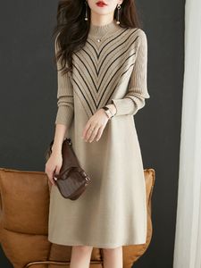 2023 Office Lady Lady Speed ​​Switters Dresses Long Longe O-Deck Slim Slim Dark Midi Frocks مصممة أزياء أنيقة وشبان لحفلة الحفلات المحبوك