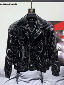 Мужская кожаная куртка-бомбер из искусственной кожи Mauroicardi, весна-осень, крутая, короткая, черная, блестящая, с геометрическим рисунком, мужская куртка-бомбер на молнии, стильная роскошная дизайнерская одежда 230923