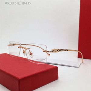 Ny försäljning Clear Small Lens Square Rimless Frame Animal Metal Temples Optiska glasögon Män och kvinnor Business Style Eyewear Model 0063o