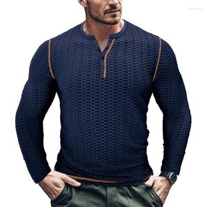 T-shirt da uomo T-shirt a maniche lunghe moda Waffle traspirante Girocollo con bottoni Camicia Henly per uomo Top patchwork a righe vintage autunno