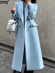 Women's Wool Blends EWQ Notched Woolen Coat Thick Warm 2023 Autumn Winter Long Sleeve Double Breasted Overcoat Jacket Chemisier Femme U49 230923