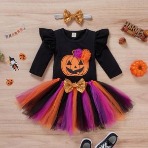 Kleidung Sets Baby Mädchen Halloween Kleidung Set Langarm Brief Gedruckt Strampler Mehrfarbige Garn Rock Kopfschmuck Kostüm 230923