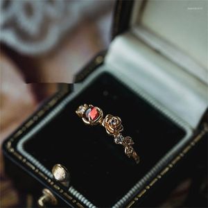 Cluster Rings S925 Sterling Silver Natural Garnet Colorful Roses Ring 18K Gold Plated 925 Justerbar retro