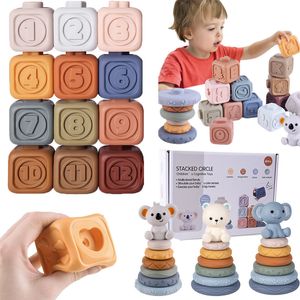 Bath Toys Montessori bloki dla dzieci dla urodzonych 0 12 miesięcy silikonowe miękkie kostki do układania zębów z kąpielami grzechotania dla dzieci zabawek 230923