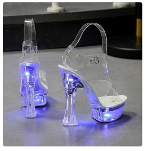 6 cores de salto quadrado sandálias femininas iluminam sapatos brilhantes sandálias claras luminosas sapatos plataforma salto alto 15cm sapatos transparentes y25116718