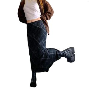 Etekler kadınlar s y2k vintage maxi etek ekose basılı desen yüksek bel kapalı 90'lar e-kız sokak kıyafeti