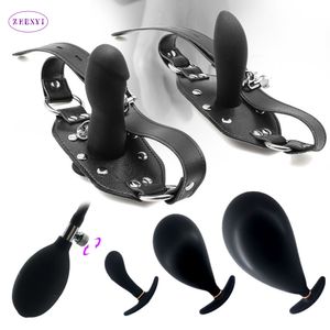 Vibratori SM Coppie Fissazione orale Giochi per adulti Flirtare Bocca gonfiabile Farcito Gag Plug Grande dildo anale Pelle Bondage BDSM Giocattoli sessuali 230923