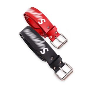 23SS Box Logo Recked Leather Belt Logo Top Layer Belt Hip Hop Street Fashion Men and Women's Red Black Belt