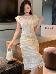 Basic Casual Dresses 2024 New Fashion Vintage Mesh Lace Embroidery Dress For Woman O-Neck Short-Sleeve Elegant Runway Dresses Vestidos