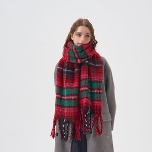 Retro Red Green Plaid Scarf for Women in Winter Couples Imitation Cashmere Neck and Warm Shawl