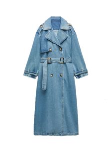 Kvinnans jacka -ullblandning Spring Autumn Women Loose Long Denim Trench Coat med Belt Streetwear Female Retro Lapel Double Breasted Overcoat 230923