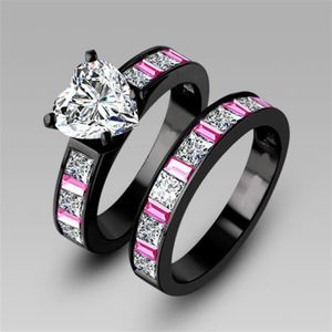 Choucong noivado rosa safira diamante 10KT ouro preto preenchido 2 em 1 conjunto de anel de aliança de casamento feminino tamanho 5-11 presente2207