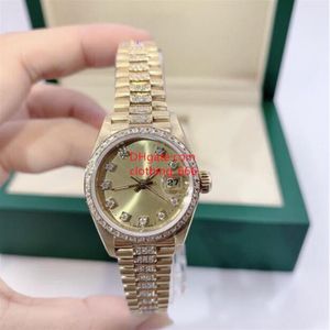 Women Classic Watch Diamond 69178 26mm Big Magnifier Gold Dial Mechanical Sapphire Mirror Steel Bracelet Luxury Ladies Watch Water189w