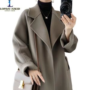 Women's Wool Blend's Woolen Jacket with Adjustable Waist Open Stitch VNeck Coat Loose Top Female Clothes 100 Autumn Winter 230923