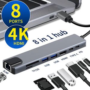 USB C Hub Adapter USB Splitter Extender Dock USB 3.0 Port for MacBook Laptop Type C 8 in 1 Docking Station Multiport 4K HDMI SD TF Card Reader PD RJ45