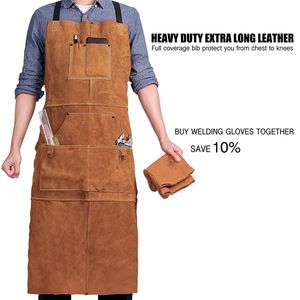 Aprons Leather Welding Apron Heat FlameResistant Heavy Duty Work Forge With 6 Pockets 42Inch Large 230923