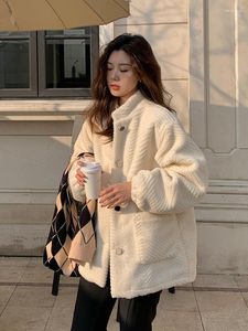 Kadın Kürk Kore Moda Ceket Kadın Beyaz Ceket Sıcak 2023 Sahte Düğme Dış Giyim Sonbahar Tek Göğüslü Ofis Leydi Out Giyim B58