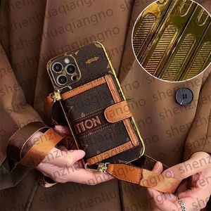 For iPhone 15 Pro Max Case Crossbody Shoulder Strap Lanyard Phone Case iPhone 14 Pro Max 13 12 11 Pro X XR XS 14Plus 15Pro Case Brand Gold Edging Card Holder Mobile Cover