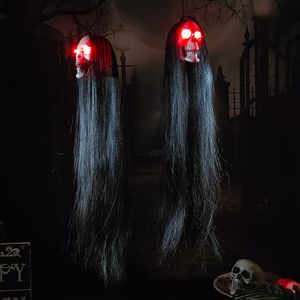 Other Event Party Supplies Halloween Hanging Ghost Skull with Long Hair Glowing Eyes Terror House Head Skeleton Props Decoration 230923