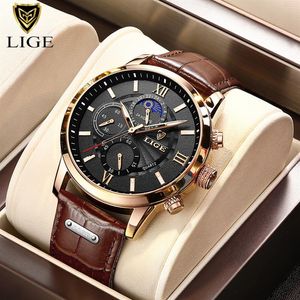 2021 Lige Watches Mens Top Brand Luxury Clock Casual Leathe 24 Hour Moon Phase Men Titta på sportvattentät kvartskronograf Box UH322F