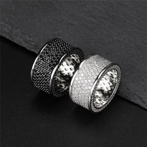 18k ouro branco gelado para fora branco preto cz zircon anel masculino hip hop anel de casamento cheio de diamante rapper jóias presentes para homem whole204l