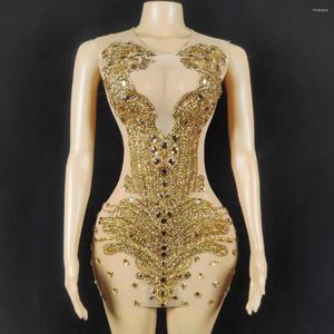 Stage Wear Sliver Golden Mesh Summer Evening Prom Celebriate Birthday Dress Sparkly Rhinestones Sleeveless Bodycon Short