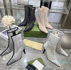 Designer boots pointed toe heeled heel boots fashion sexy crystal mesh boot zip alphabetic women shoes lady letter thick high heels large size 35-39
