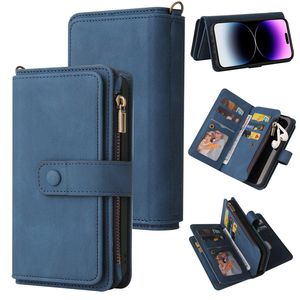 Lanyard Folio Reißverschluss-Handyhülle für iPhone 15 14 13 12 Pro Max Samsung Galaxy Z S23 Ultra S22 Google Pixel 8 8Pro 7 7Pro 7A 6 6Pro Sony Xperia 1 10 5 Wallet Chain Bracket Shell