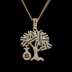 Hip Hop Gold Silver USA Money Tree Pendant Bling Rhinestone Crystal Necklace Chain for Men2613
