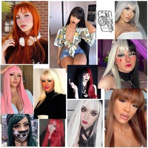 Spot atacado cross-border europeu e americano peruca feminina cosplay colorido franja reta, cabelo liso, fones de ouvido de peruca de fibra química