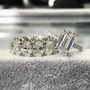 Cluster Rings 100% 925 Sterling Silver Emerald Cut Created Moissanite Wedding Engagement Cocktail Women Oval Diamond Band Jewelry12706