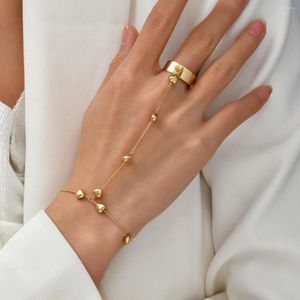 Charm Bracelets Heart Pendant Chain Bracelet Link Connected Gold Plated Wide Finger Ring For Women Dainty Hand Harness Jewelry