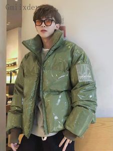 Мужские пуховые парки Y2K, однотонная куртка из искусственной кожи, зимняя куртка с воротником-стойкой, яркое стеганое пальто, мужское корейское утолщенное пальто с преломляющей поверхностью, 230923