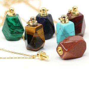 Pingente colares natural perfume garrafa de cristal pedra colar ágata malaquita óleo essencial difusor charme corrente de cobre jóias328u
