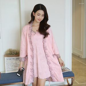 Women's Sleepwear 2023 Autumn Plus Size 2PCS Sexy Cotton Long Sleeve Nightgowns Robes Sets For Women Cute Lace Night Dress Bathrobe