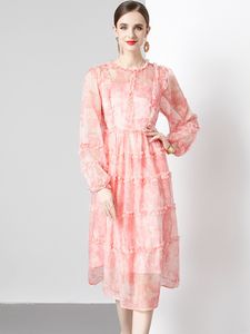 基本的なカジュアルドレス2024新しいファッションピンクプリント滑走路ドレス女性秋の贅沢なフリル
