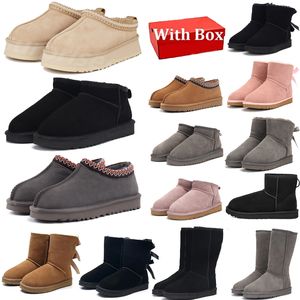 Med Box Australia Designer Women Boots Snow UggSlies Boots Bowtie Tasman tofflor Tazz nu Winter Sheepskin Fashion Ladies Platform Suede Wool Ankel