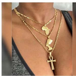 Anhänger Halsketten 3 stücke Afrika Karte Kreuz Nofretete Halskette Set Für Frauen Männer Gold Farbe Edelstahl Ägyptischer Schmuck248T