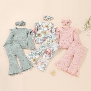 Clothing Sets FOCUSNORM 0-5Y Autumn Lovely Kids Girls 3pcs Clothes Flowers Printed/Solid Ruffles Long Sleeve Tops Flare Pants Headband