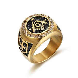Кольца кластера, модные ювелирные изделия, мужские винтажные очаровательные кольца Mason Mason Masonic Punk, кольцо из нержавеющей стали золотого цвета для Mens355S