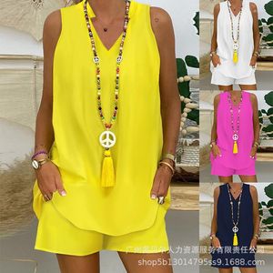 Women's Tracksuits Summer Solid Color Two Piece Set Sexy V Neck Sleeveless Tops Beach Shorts Outfits Casual Loose Women 2023 Suit Office