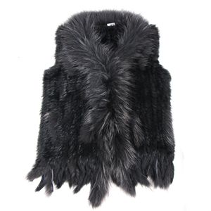 Women's Fur Faux Fur high quality Retail/wholesale Raccoon Dog Fur Collar Trim Women Knitted Natural Rabbit Fur Vest Gilet/waistcoat 230923