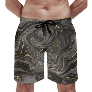 Men's Shorts Marble Print Gym Summer Black Gray Swirl Surfing Beach Men Comfortable Casual Custom Large Size Trunks