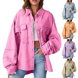 Kvinnorjackor Jean Jacket Ejressed Lightweight Long Denim Lapel Stor Pocket Puffed For Women Fited