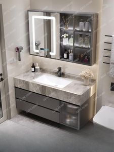 Torneiras de pia do banheiro Combinação de gabinete Modern Light Luxury Glossy Stone Plate Cerâmica Bacia de mesa Lavagem de mão Conjunto de lavatório