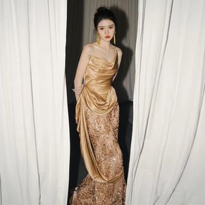 One-Shoulder Sling Evening Dresses Sweetheart Ruffles Golden Sequins Irregular for women formal occasions 2023