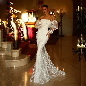 Exquisite 3D Lace Appliques Mermaid Wedding Dresses Strapless Detachable Train Bridal Gown Sweep Train Bride Robe De Mariee