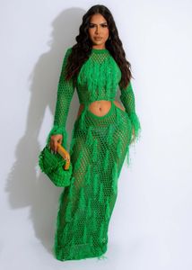 Basic Casual Dresses paljett Tassel Hollow Out Long Dress for Women Sexy Hole Night Club Party Beach Wear Maxi Robe Femme 2023 Y2K 230925